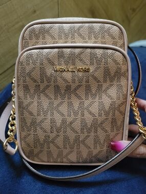 Michael Kors Metallic Logo Crossbody in Rose Gold and Light Pink
